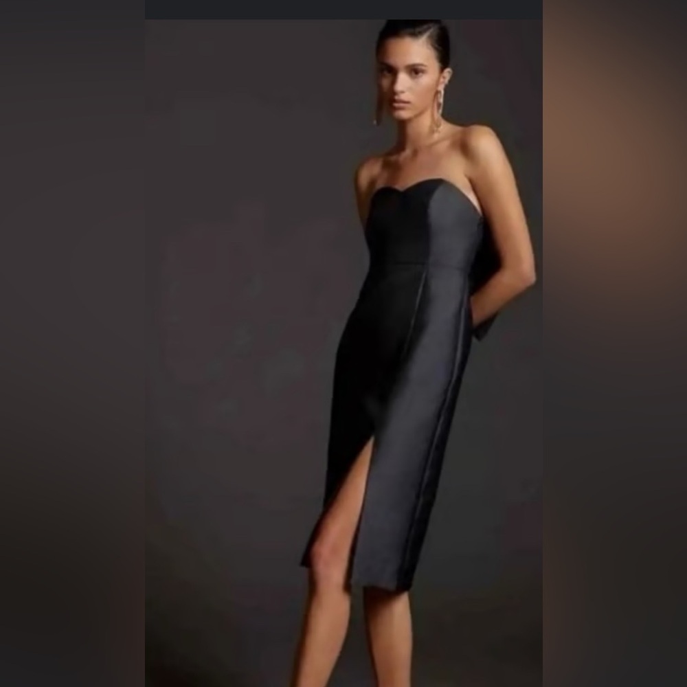 HUTCH black taffeta strapless bow back midi dress 2